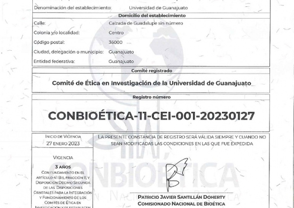 Registro ante la Comisión Nacional de Bióetica, del Comité de Ética en la Investigación de la Universidad de Guanajuato